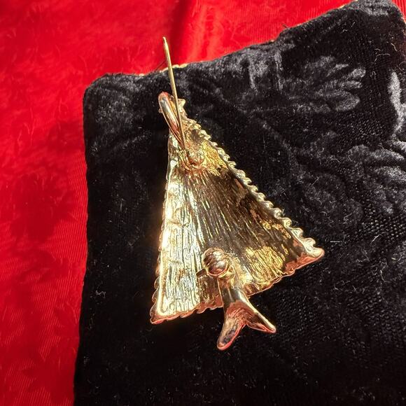 VTG Christmas Tree Pendant Brooch Gold Tone Metal Red Green Rhinestone Enamel 2” - Picture 9 of 12
